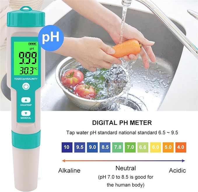 Pool Salt Tester - Multifunctional 5 in 1 Salinity, PH, TDS, EC, and Temperature Meter, Pool Salinity Testing Kit, Digital Salinity Tester for Swimming Pool,Saltwater, Sea Water, Aquarium