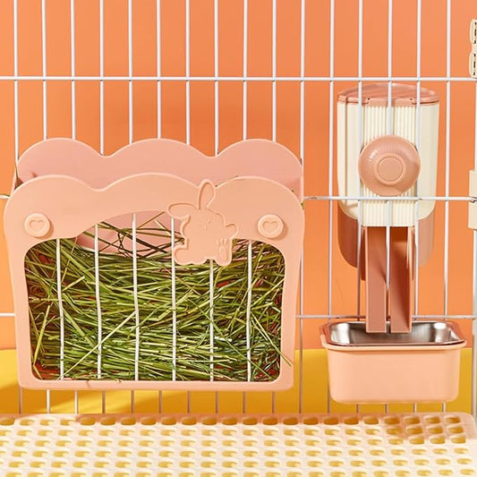 Rabbit Hay Feeder, 3-in-1 Feeding Set with Food Bowl and Hanging Funnel for cage, Hay Rack for Bunny Guinea Pig Chinchilla (Pink)