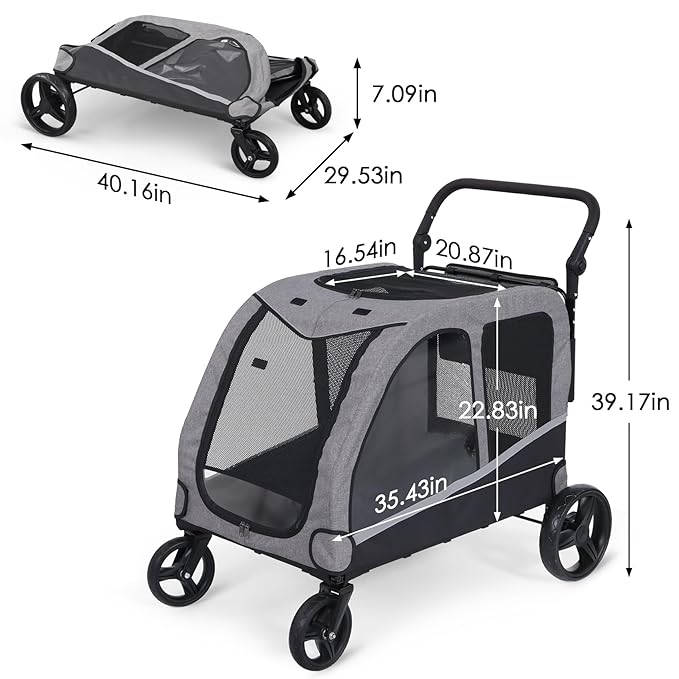 Saudism Dog Stroller for Large & Medium Dogs, Extra Large Pet Stroller, Dog Wagon for 2 Dogs, Foldable Design, Adjustable Handle, with Pocket, Up to 130 lbs