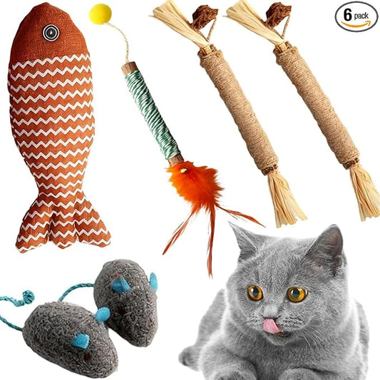 6-Pack Catnip Toy - 3 Silvervine Chew Sticks for Cats, 2 Cat Mice Toy and 1 Fish - Catnip Toys for Indoor Cats Kitty Teeth Grinding Chew Interactive