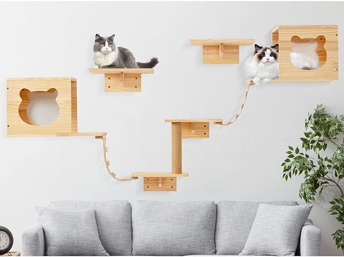 PETKABOO Cat Wall Shelves and Perches, Pine Wooden Cat Wall Furniture Climbing Shelves with Climber, Condo, Scratching Post, Ladder & Platform