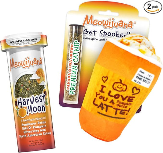Meowijuana Get Spooked Bundle | Pumpkin Spice Latte Refillable Toy and Harvest Moon Blend | Promotes Play and Cat Health | Includes North American Organic Catnip