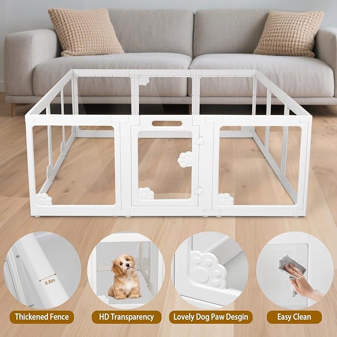 Clear Acrylic Dog Playpen Indoor with Door - Easy to Assemble Foldable Pet Playpen for Small Dogs, Cats, Rabbits, Ferrets - Small Animal Whelping Crate Kennel Fence