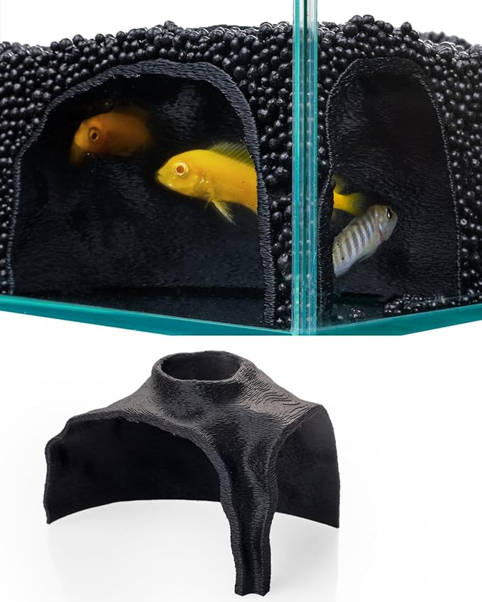 Aquarium Cave – Rock Texture Fish Shelter with 180° Viewing Angle, Betta Fish Tank Accessories, Shrimp & Snails – Aquarium Decor & Tunnel (Black)
