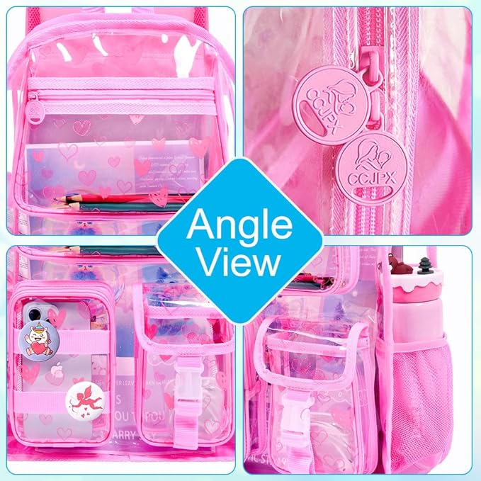 CCJPX 3Pcs Clear Backpack for Girls, School Transparent Bookbag, Heavy Duty See Through Backpacks for Teens Elementary