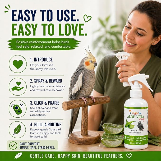 UnRuffledRx Aloe Vera Bird Spray for All Birds – Soothes Itchy Skin & Feather Plucking – 8oz Odor-Free Mist, Safe if Ingested, Daily Use Bird Mist, Softens Feathers, Natural Formula – Made in USA