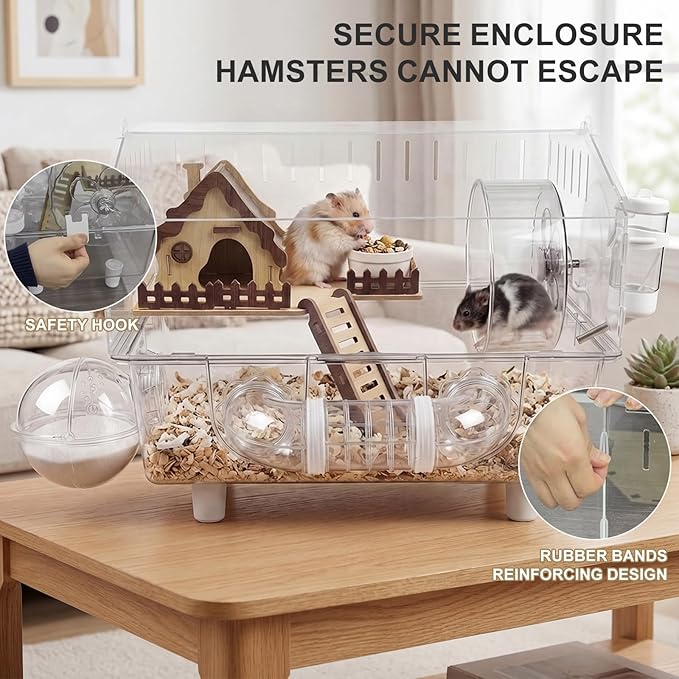 Loungewave Acrylic Hamster Cage, 8 in 1 Gerbil Cage with Accessories, Dwarf Hamster Cage with Full Transparent Viewing, Clear View Inside Easy to Clean, Excellent Ventilation, Classic House Style