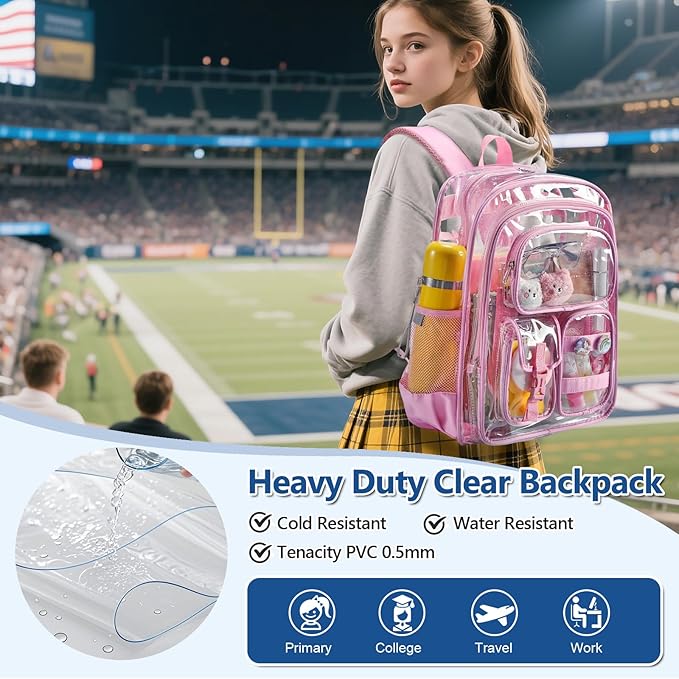 Pink Clear Backpack for School,Heavy Duty PVC Transparent Bookbag for Stadium Events Sports, Girls See Through BackPack Fits 15.6 inch Laptop for Women Work Travel
