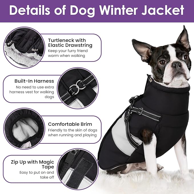 Dog Coat, XXXL Dog Jacket Winter with Harness Built in, Waterproof Pet Snow Jacket with Furry Collar for Chilly Day, Reflective Fleece Snowsuit for Extra Large Dogs, Black 3XL