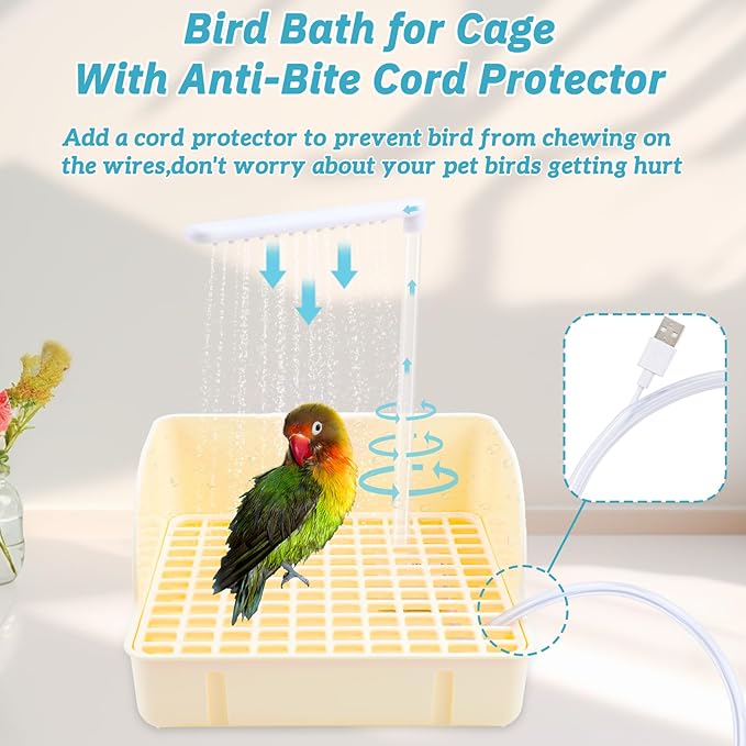 Automatic Bird Bath Fountain with Anti-Bite Cord Protector, Large Parrot Bathtub with Running Water Faucet, USB Electric Bird Shower for Parakeet, Cockatiel, Conure, African Grey, Lovebirds (Beige)