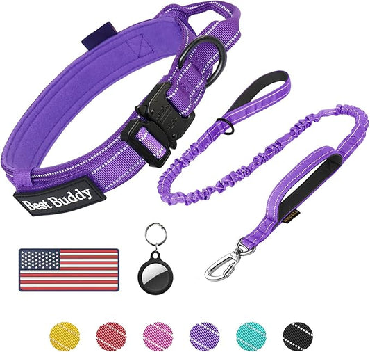 AUBELL Tactical Dog Collar and Leash Set, Reflective Adjustable Heavy Duty Military K9 Collars with Handle and Metal Buckle for Extra Large Dogs, with Airtag Case and 2 Patches(Purple,XL)