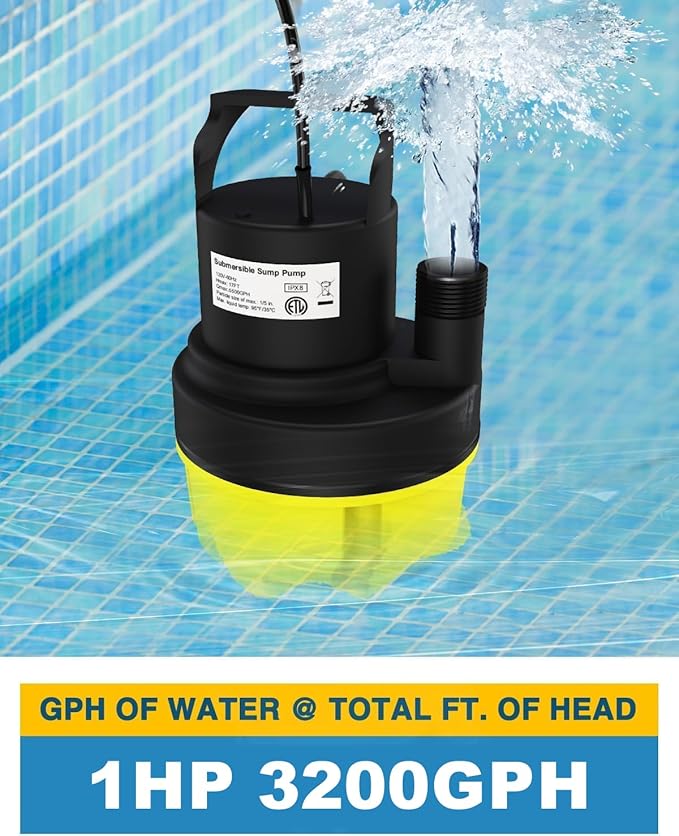 Submersible Sump Pump, 1HP 3200GPH Portable Water Pump Clean Dirty Water, Utility Pump with 25 FT Cord for Swimming Pool, Boats, Garden, Basement, Flood, Ponds