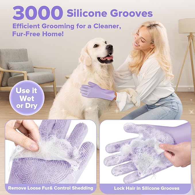 Augwind 6PCS Pet Grooming Kit for Dogs, Cats and Horses | Dog Washing Gloves | Cleanroom Gloves | Dog Bath Brush | Dog Bath Gloves | Dog Shampoo Brush | Dog Bath Supplies (Purple)