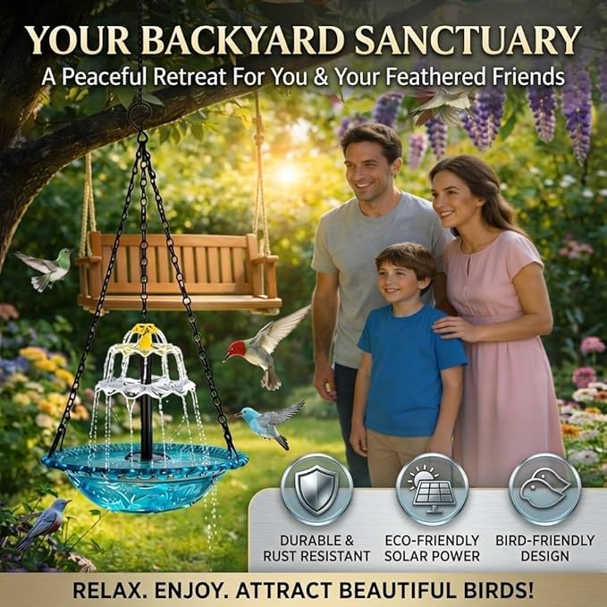 Solar Cascade Hanging Bird Bath Fountain, Solar Powered Hanging Bird Bath with Glass Bowl, Outdoor Hanging Birdbath Water Fountain for Hummingbirds, Garden Patio Yard Decor, Blue (red)