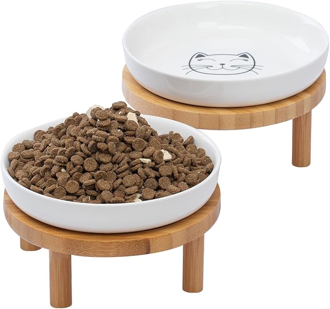 Lusifaco Shallow Elevated Cat Bowls,5.9 Inch Wide Raised Ceramic Cat Dishes with Bamboo Stand, Whisker Friendly Pet Water or Food Plates Feeding Station for Indoor Cats, Kitten(White,Set of 2)