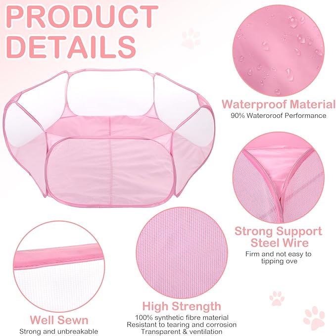 VitalCozy Hamster Playpen with Mat Small Animal Cage Tent Breathable Transparent Guinea Pig Playpen Waterproof Portable Yard Fence Mat Foldable Exercise Playpen Outdoor Indoor (Pink,Star)