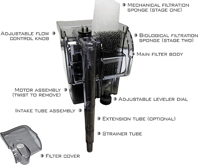 EA Performance Hang-On The Back Power Filter - Up to 4 Gallons - for Desktop and Betta Aquariums - NOT Made in China