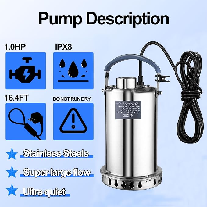 Submersible Sump Pump Stainless Steel Water Pump 1HP 3700GPH | Swimming Pool Tub Basement Garden Ponds Draining Water Transfer Water Electric Portable Utility Pump Low Water Level