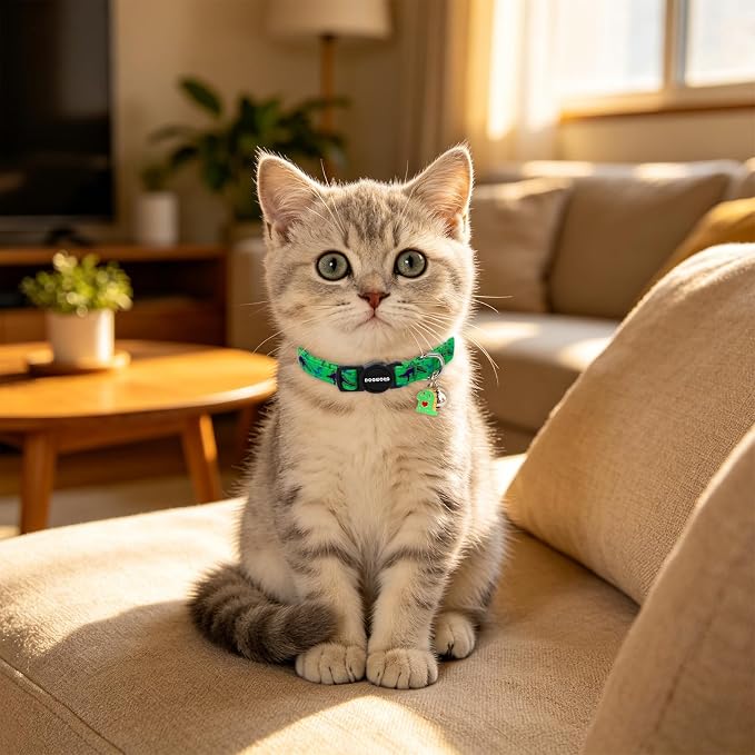 2 Pack Cotton Kitten Collars with Bells and Removable Charms, Cute Dinosaurs Collar for Indoor Boy, Girl and Adult Cats，Adjustable Kitten Collar 7-12 Inch