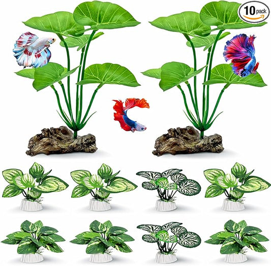 10 Pack Silk Aquarium Plants Fish Tank Decorations - Soft Fin-Safe Fish Tank Plants Large Aquarium Decor for 5-40 Gallon Betta, Goldfish & Reptiles Tanks Accessories