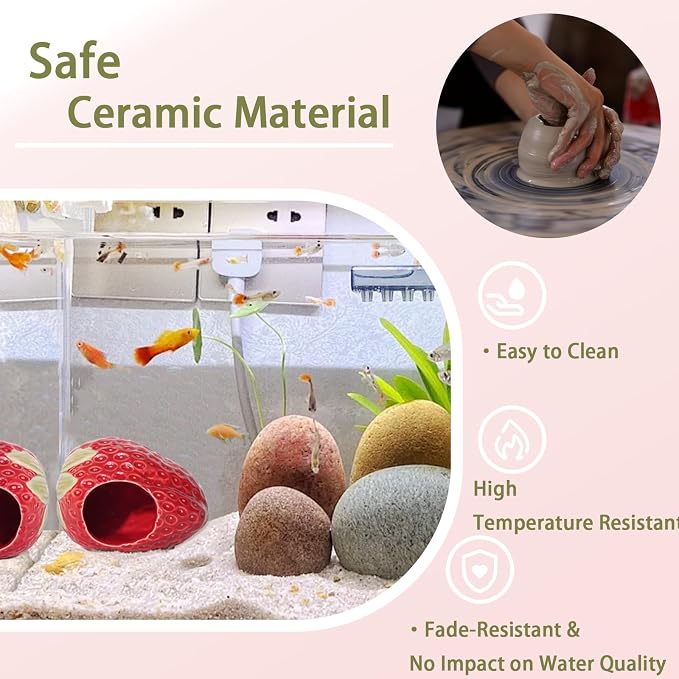 Ceramic Aquarium Decor Cute Red Strawberry Betta Fish Tank Cave | Smooth-Surface Safe for Fish Hiding & Breeding, Easy-Clean, No Assembly, for Play & Rest,Fits 2.5-5 Gallon Fish Tanks