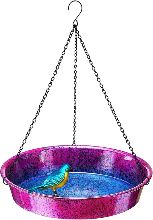 Hanging Bird Bath for Outside, 11.5” Metallic Purple & Blue Metal Birdbath Bowl & Feeder with Black Chain Outdoor Garden Yard Decor