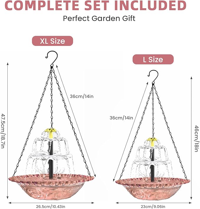 Solar Fountain for Bird Bath, Hanging Cascade Water Feature for Outdoor Garden & Yard Decor, Creates a Relaxing Flow that Attracts Birds (Pink(XL))