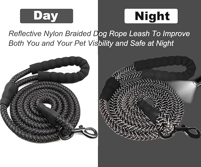 10FT Strong Dog Leash, Black Rope Leash Highly Reflective Threads with Soft Padded Handle for Small Medium Large Dogs (1/2")