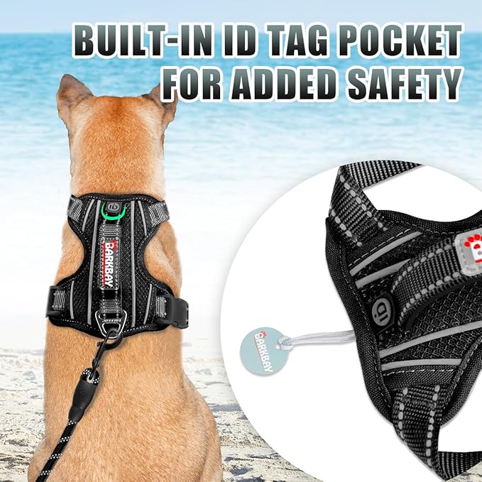 BARKBAY No Pull Dog Harness Large Reflective Dog Harness with Front Clip and Easy Control Handle for Walking Training Running with ID tag Pocket(Black,S)