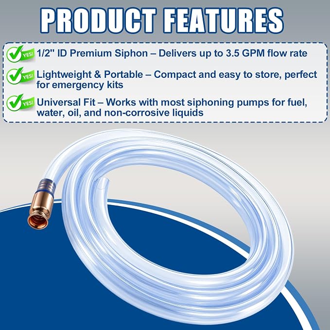 2 Pack 10FT Shaker Siphon Hose, 1/2" Gas Siphon Pump for Fuel Transfer | Self-Priming Copper Valves, Reusable PVC Hoses for Gasoline, Diesel and Water Transfer, for Gas Cans, Boats and Equipment