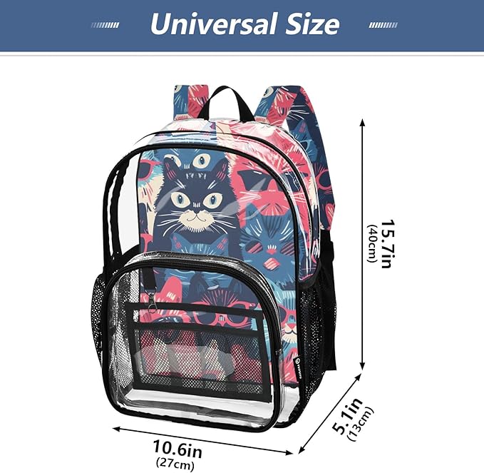 Bolaz Clear Backpack for School Cats Wear Glasses Transparent Bookbag for Girls See Through PVC Boy Backpacks