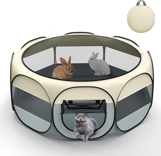VavoPaw Small Animal Playpen, Chicken Brooder Box with Cover Top, Portable Outdoor Exercise Pet Cage Tent, Waterproof Breathable Pet playpen Indoor for Chick Ktiien Bunny Hamster Guinea Pig,Beige+Gray