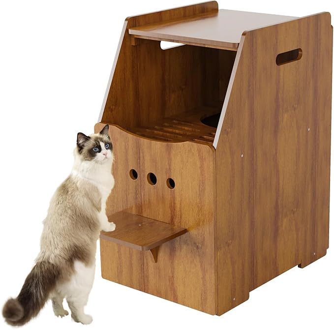 Cat Litter Box Enclosure,Enclosed Litter Boxes Cabinet,Top Entry Litter Box Enclosure,Tall Hiden Litter Furniture,Wood Cat Toilet with Filter and Stairs for Indoor Cats,Dog Proof (Brown)