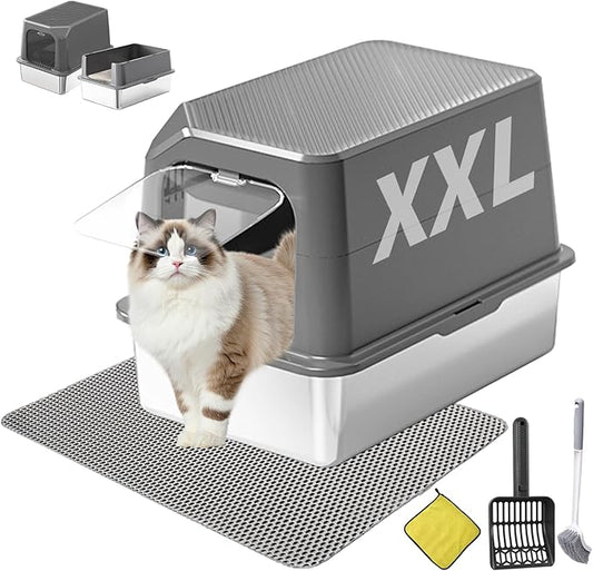 Extra Large Stainless Steel Cat Litter Box Enclosed with Lid - 24" x 16" x 17" Metal Cat Litter Box XXL, Front Entry High Side Kitty Litterbox with Scoop & Mat, Anti Leakage, No Sticky