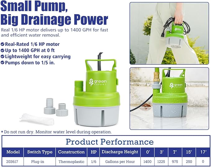 Green Expert Submersible Utility Water Pump 1/6 HP, Electric Water Removal Pump for Flooded Basement, Pool, Hot Tub, Garage, Yard, Window Well Drainage, Portable Emergency Pump