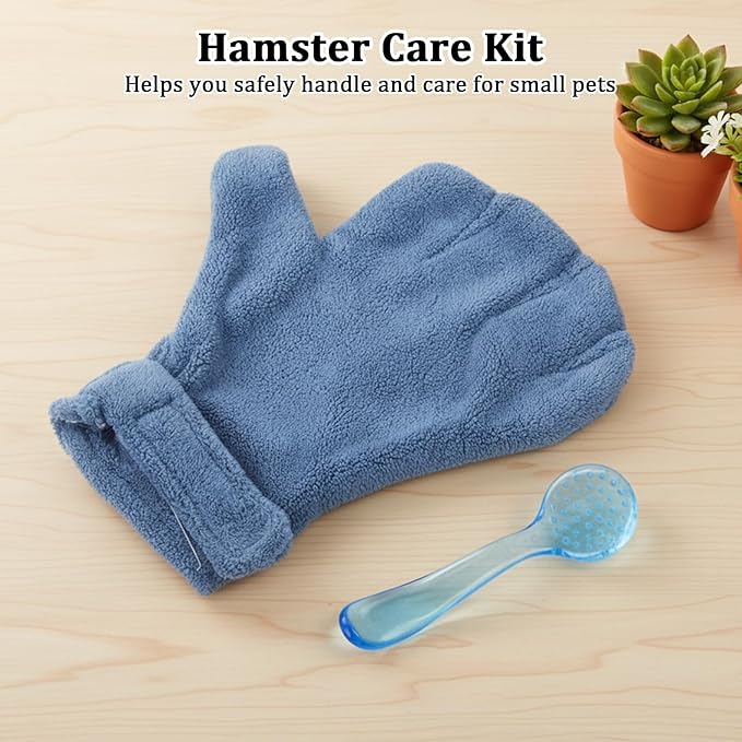 1 Pcs Hamster Bite Proof Glove and Grooming Brush Set, Adjustable Hamster Glove, Lid Soft Cleansing Brush Massage Combs, Guinea Pig Brush, Hamster Care Set for Hamsters, Ferrets, Hedgehogs (Blue)