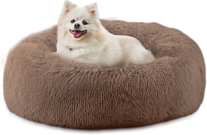 Bunlitent 23'' inch Calming Dog Bed, Plush Anti-Anxiety Donut Dog Bed for Small Dogs, Warming Cozy Soft Cute Round Washable, Marshmallow Cuddler Nest Pet Bed, Brown