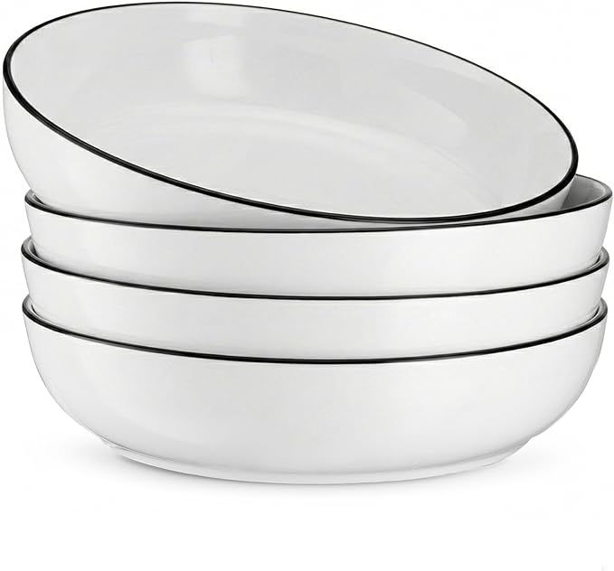 KooK Porcelain Pasta Bowl Set, for Soups and Salads, Serving Bowls, Large Capacity, Microwave & Dishwasher Safe, Set of 4, 40 Oz (Black Rim)