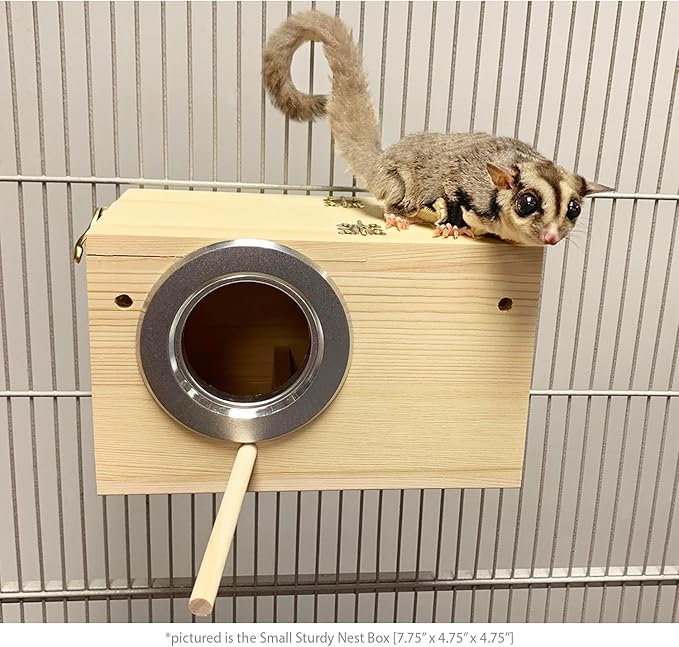Sturdy Nest Box (S) - Cage Attachment, Hinged Lid, Perching Ledge - for Sugar Glider, Squirrel, Rat, Finch, Parakeet, Lovebird, Parrotlet, Lovebird, Canary, Cockatiel, Other Birds & Small Pets