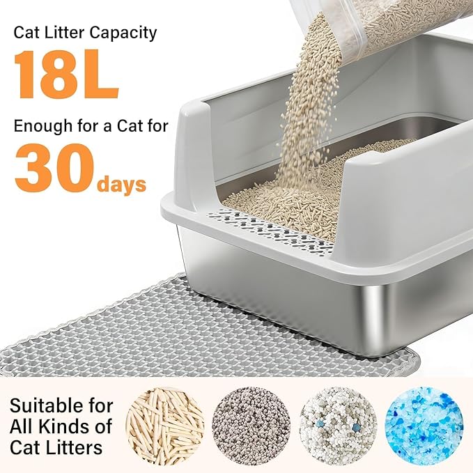 Stainless Steel Cat Litter Box with Lid, Metal Litter Box for Small Cats, Low Entry Kitten Litter Boxes with Scoop and Mat, Non-Sticky, Anti-Urine Leakage, Easy Cleaning, M