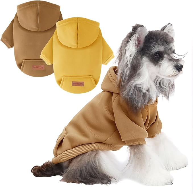 2 Pack Dog Hoodie Warm Hood Dog Sweater Cold Weather Small Dogs Sweatshirt Comfort Pet Clothes for Small Medium Dogs with Pockets (Brown+Khaki, L (Back: 13.78",Chest: 18.9", 8.8-12.8lbs))