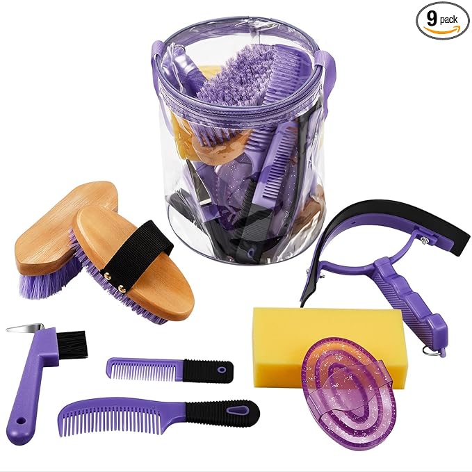 Cunhill 9 Pcs Horse Grooming Kit Tack Room Supplies Set with Tote Bag, Oval Massage Curry, Hard and Soft Brush, Hoof Pick, Sweat Scraper, Bathing Sponge, Comb for Horse Rider(Cute,Purple)