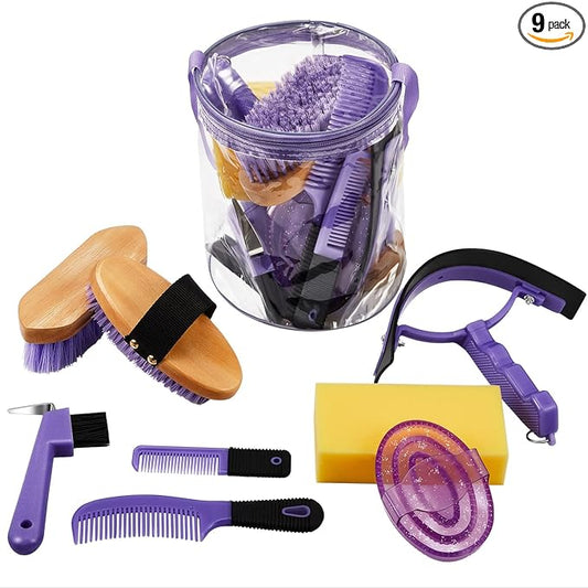 Cunhill 9 Pcs Horse Grooming Kit Tack Room Supplies Set with Tote Bag, Oval Massage Curry, Hard and Soft Brush, Hoof Pick, Sweat Scraper, Bathing Sponge, Comb for Horse Rider(Cute,Purple)