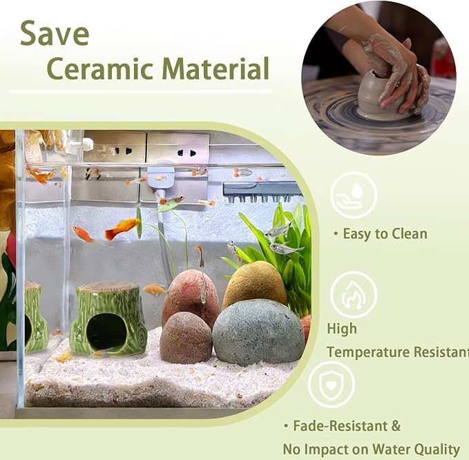 Ceramic Aquarium Decor Natural Tree Green Betta Fish Tank Cave | Smooth-Surface Safe for Fish Hiding & Breeding, Easy-Clean, No Assembly, for Play & Rest,Fits 2.5-5 Gallon Fish Tanks