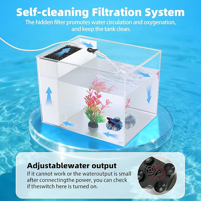 Fish Tank Betta 2.5 Gallon Desktop Small Beta Fish Aquarium Starter Kit with 25W Heater LED Light and Mini Water Pump & Filter Media Compact Aquarium for Betta Fish, Shrimp(White)