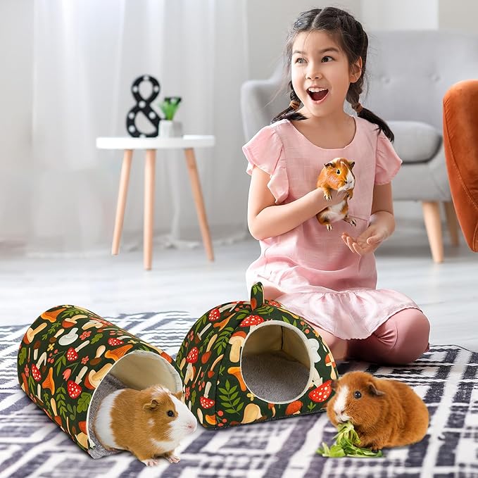 Bienbee Guinea Pig Hideout, Washable Guinea Pig Tunnel Set, 2 Pack Guinea Pigs Toys Guinea Pigs Cage Accessories for Small Animal Mouse Hamster Hedgehogs Rats, Green Mushroom