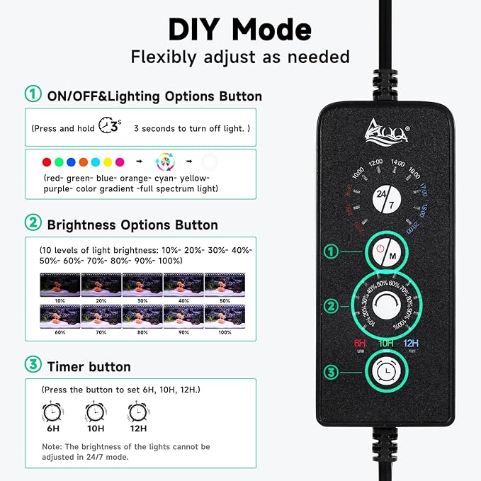 AQQA LED Aquarium Light, 24/7 Mode IP68 Waterproof Extendable Bracket Fish Tank Light, DIY Mode Full Spectrum Aquarium Plant Light, Adjustable Timer/Brightness Memory Function for 12-18 Inch Fish Tank