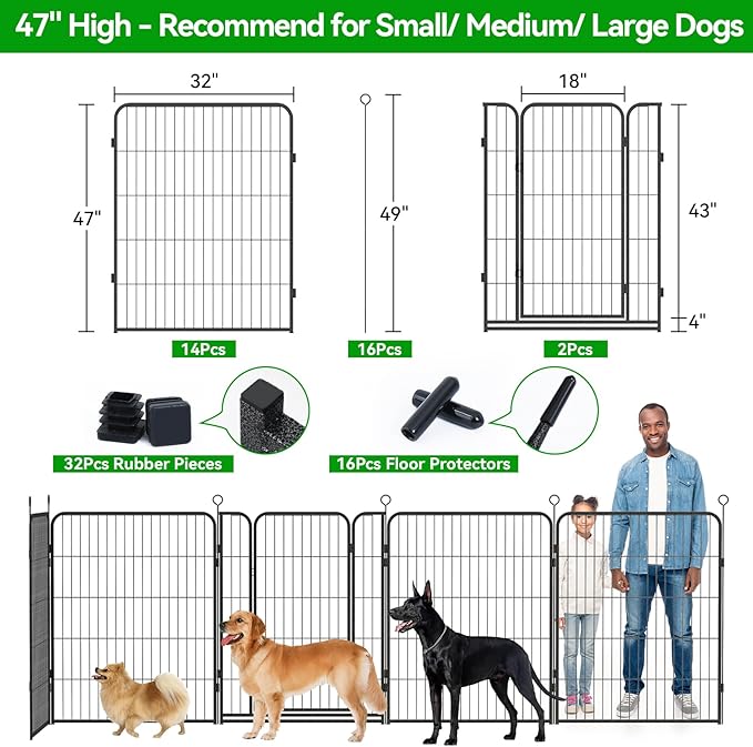 Kfvigoho Dog Playpen Outdoor Extra Wide 16 Piece Panels Heavy Duty Dog Fence 47" Height Anti-Rust with Doors Portable for RV Camping Yard, Total 42FT, 140 Sq.ft, Snowy Black