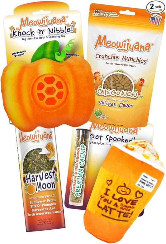Meowijuana Fall Favorites Bundle | Pumpkin Spice Latte Refillable Toy, Harvest Moon Blend, Pumpkin Knock ‘n’ Nibble Toy, Chicken Crunchie Munchie Treats | Includes North American Organic Catnip