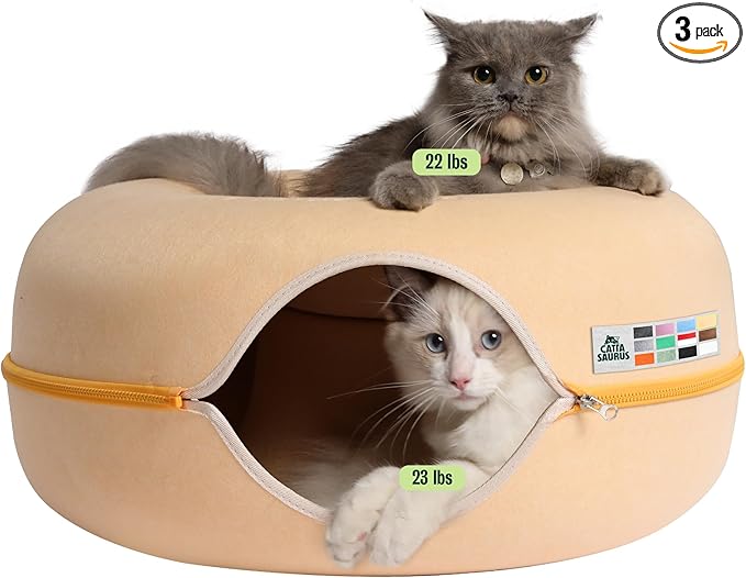Cattasaurus Peekaboo Cat Cave Donut for Multiple & Large Cats up to 30-45 lbs, 3-in-1 Self Warming Cat Bed, Tunnel & Scratcher for Indoor Cats, Washable & Detachable Dog Bed (Pastel Macaron, Large)